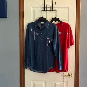 Shipshe-L-Patriotic denim L/S button-down Shirt with matching T-shirt.